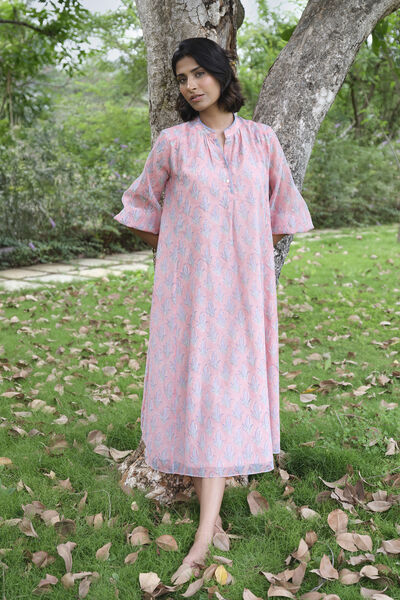 Heather Hand-block Printed Mul Dress - Pink