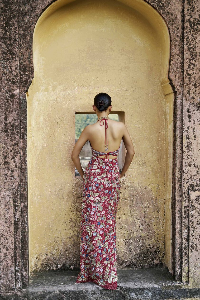 Symphony Of The Wilderness Embroidered Zardozi Silk Skirt Set - Wine, Wine, image 2