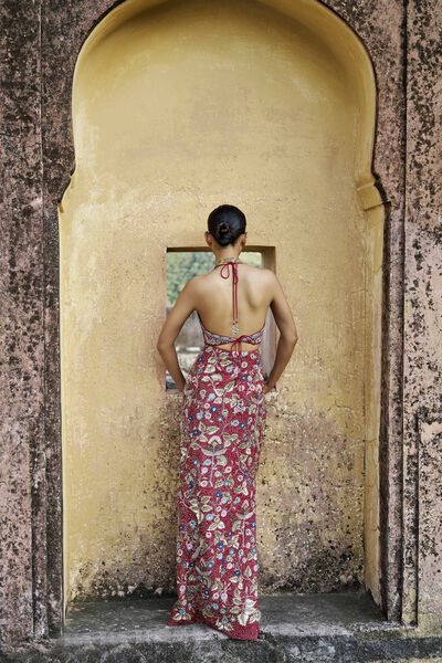 Symphony Of The Wilderness Embroidered Zardozi Silk Skirt Set - Wine