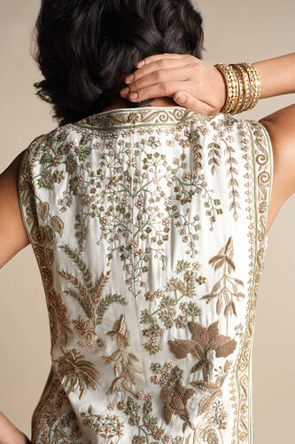 Aralai Embroidered Zardozi Silk Jacket Set - White, Cream, image 6