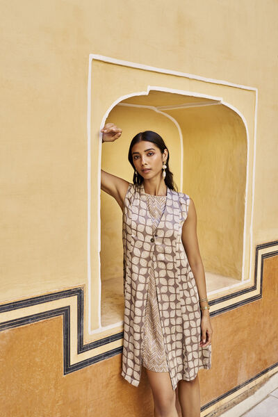 Reverie Hand-block Printed Gold Khadi Overlayer Dress - Grey