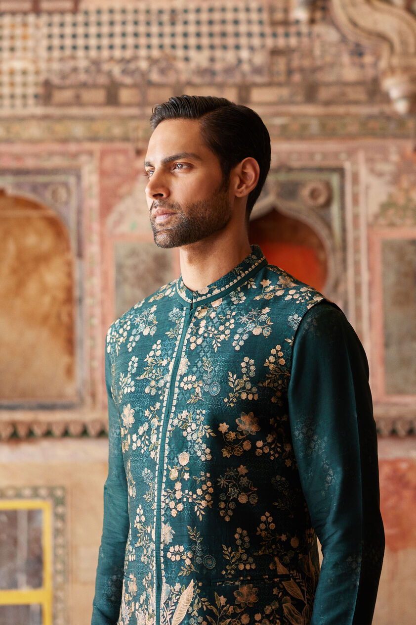 Hirav Printed Silk Nehru Jacket - Green, Green, image 2
