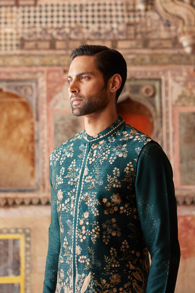 Hirav Printed Silk Nehru Jacket - Green