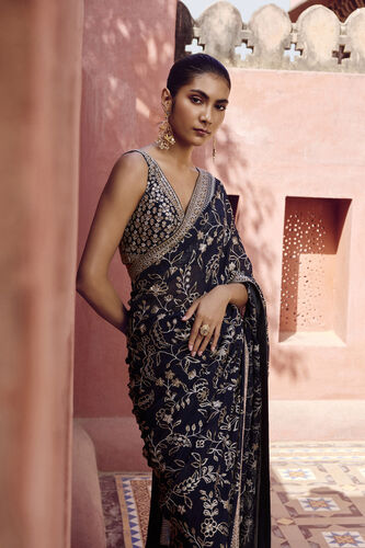 Triyama Embroidered Georgette Saree - Blue, Blue, image 3