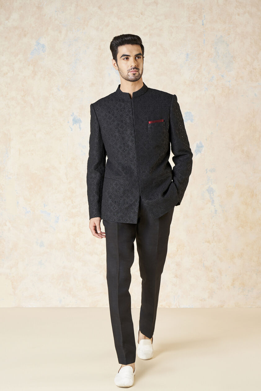 Aadav Embroidered Cord Silk Bandhgala - Black, Black, image 1