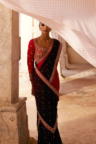 Sarovar Handcrafted Bandhani Silk Saree - Red, Red, image 1