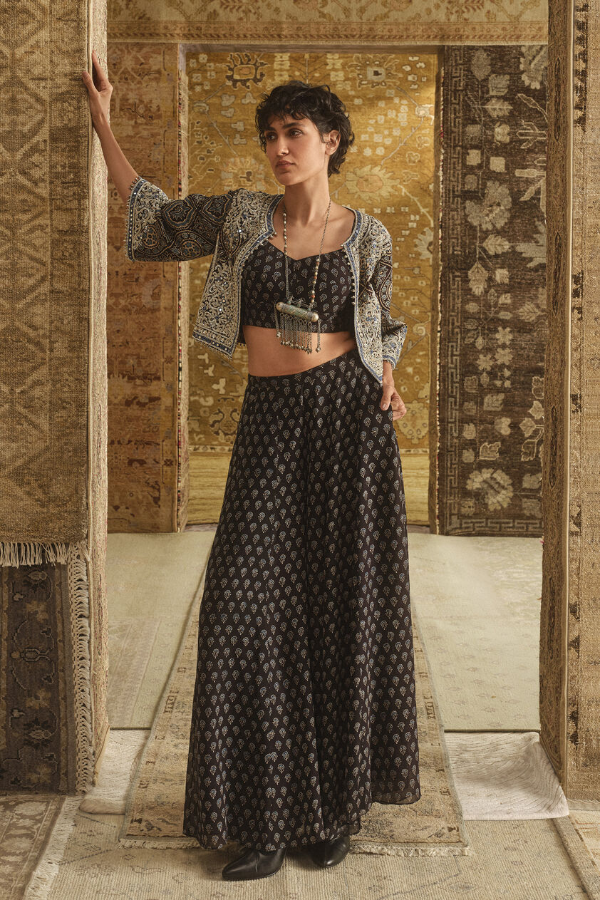 Maheyi Ajrakh Hand-block Printed Jacket Set - Black, Black, image 1