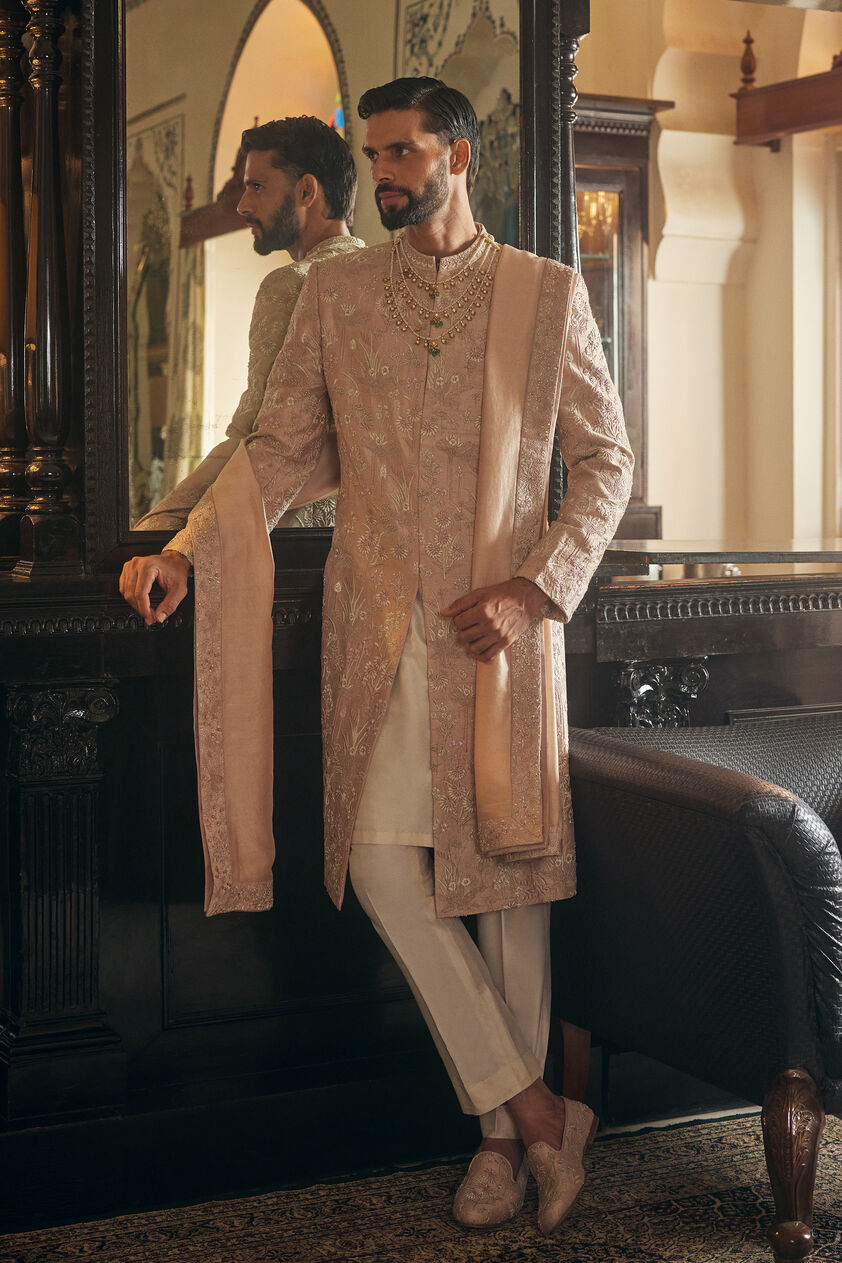 Mahanil Embroidered Silk Sherwani - Champagne, Champagne, image 1