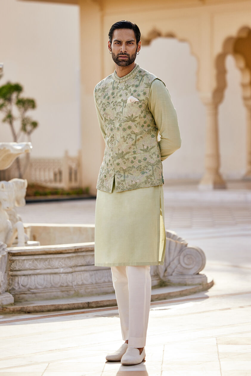 Balfour Embroidered Silk Nehru Jacket - Sage, Sage, image 1