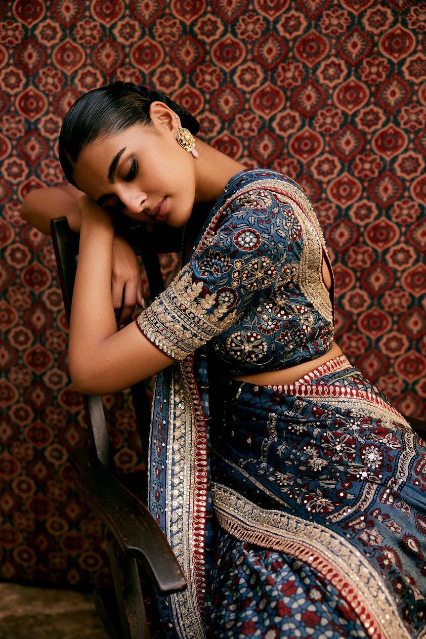 Akari Ajrakh Hand-block Printed Silk Saree - Blue, Blue, image 3