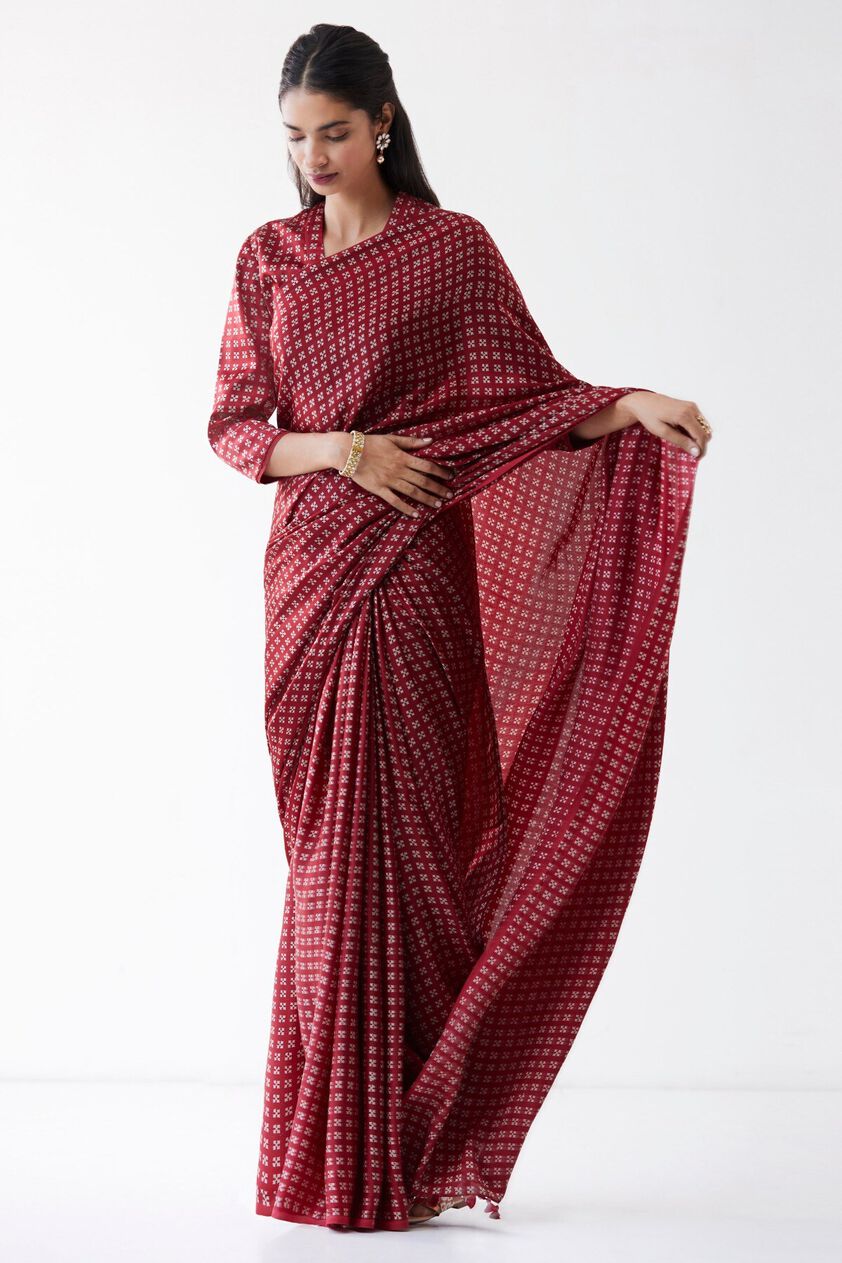 1 - Red Satin Printed Saree, image 1