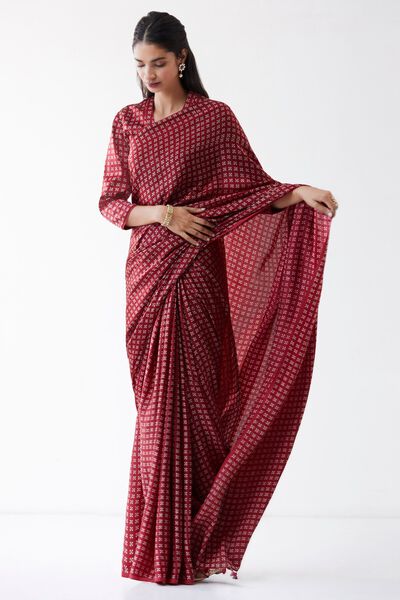 Red Satin Printed Saree