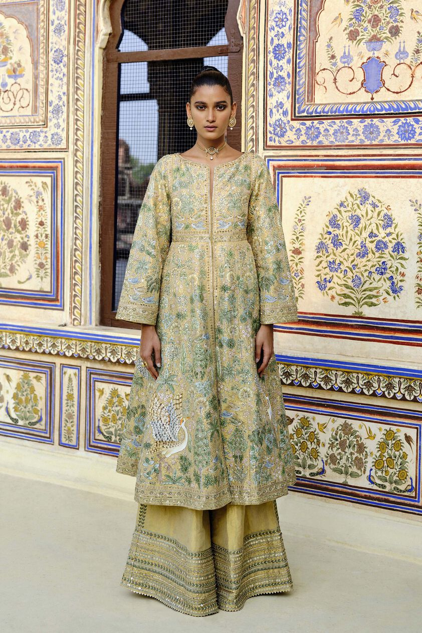 Avasa Hand-painted Pichhwai Silk Jacket Set - Gold, Gold, image 1