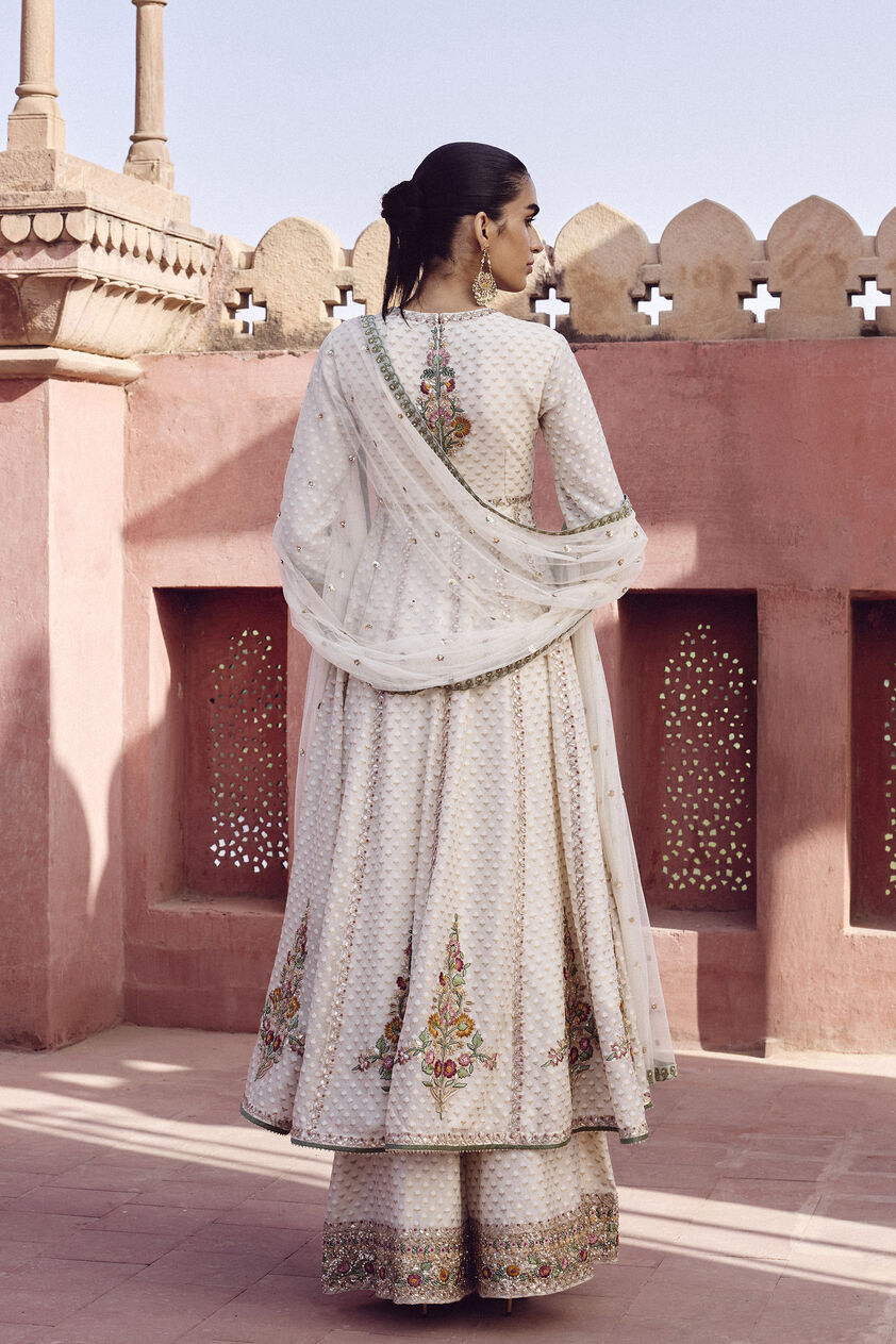 Akshi Handwoven Benarasi Cotton Anarkali Suit Set - Natural, Ivory, image 2