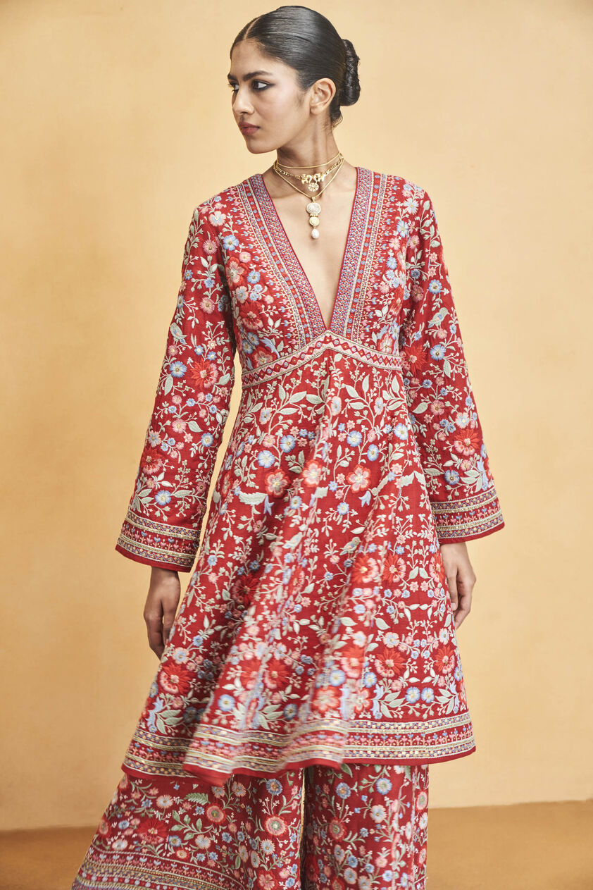 Floral Ballad Embroidered Zardozi Silk Kurta Set - Red, Red, image 5
