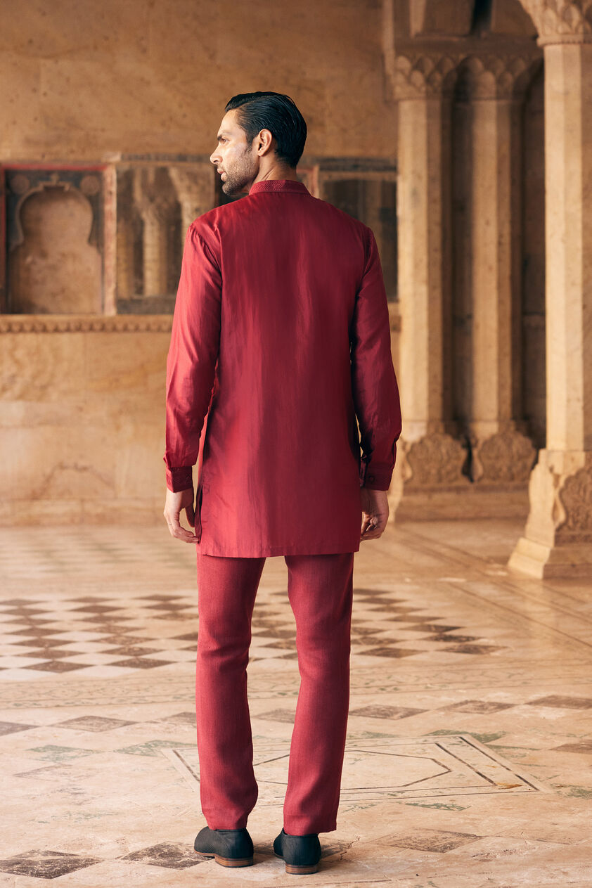 Tuhin Silk Kurta - Maroon, Maroon, image 2