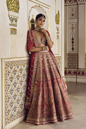 Prati Embroidered Silk Lehenga Set - Red, Red, image 1