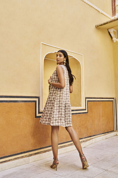 Reverie Hand-block Printed Gold Khadi Overlayer Dress - Grey