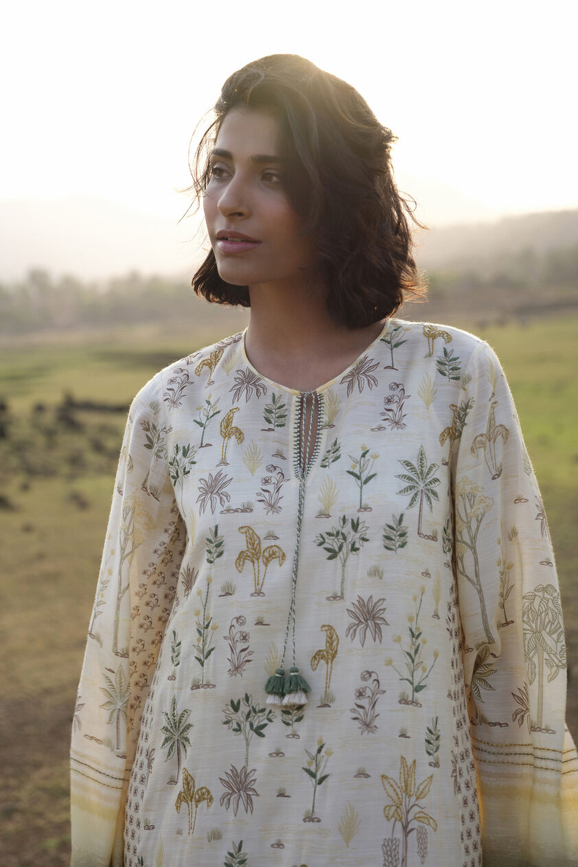 Season Song Hand-embroidered Kantha Kaftan - Yellow, Ivory, image 4