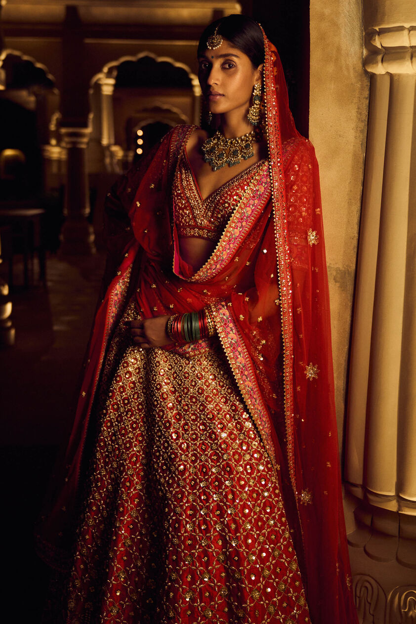 Sanadara Lehenga - Red, , image 2
