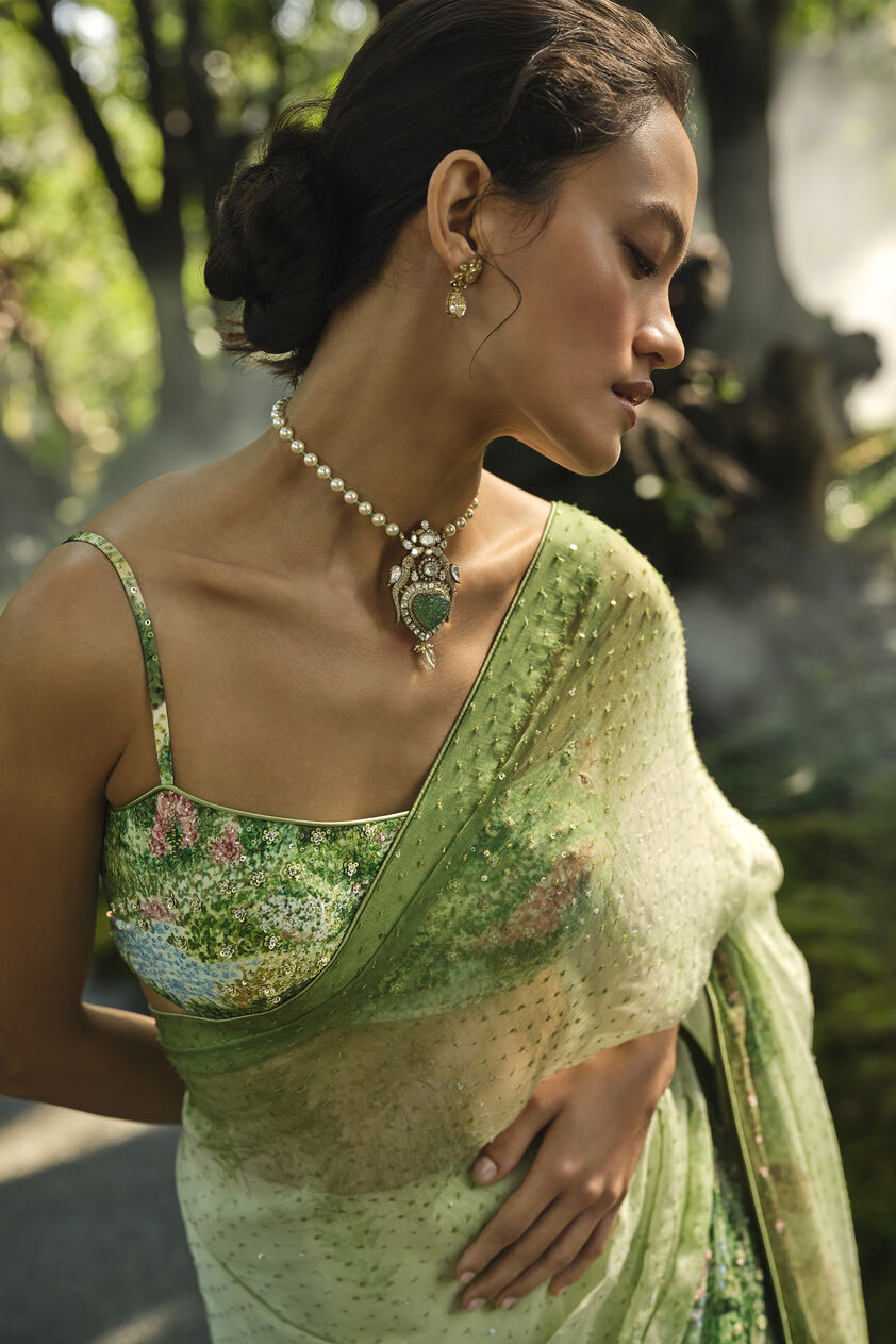 The Liveforest Embroidered Chiffon Saree - Green, Green, image 4