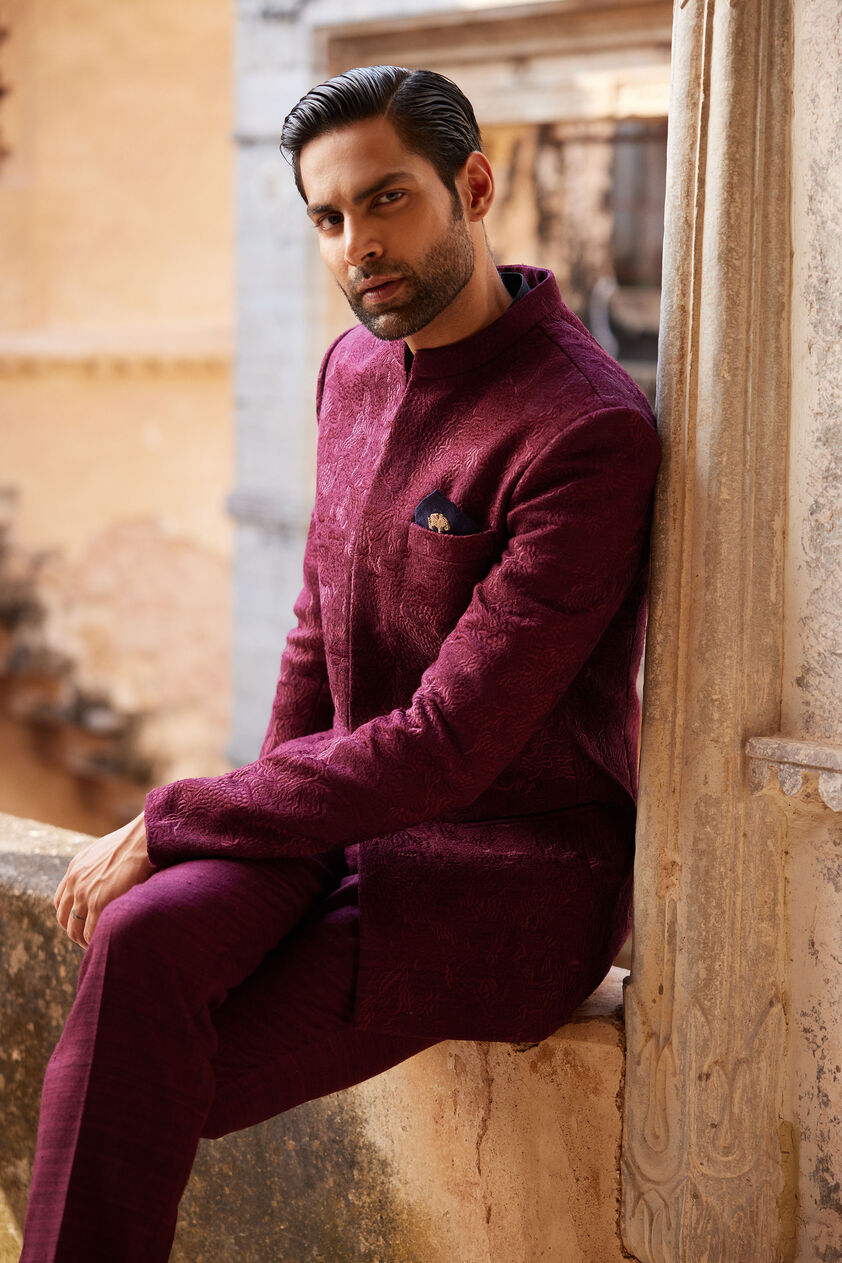 Uprag Embroidered Silk Bandhgala - Plum, Plum, image 5