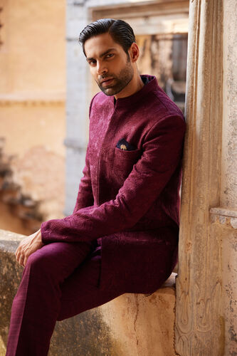 Uprag Embroidered Silk Bandhgala - Plum, Plum, image 5