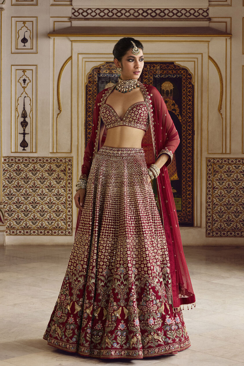 Almika Embroidered Silk Lehenga Set - Ruby, Ruby, image 1
