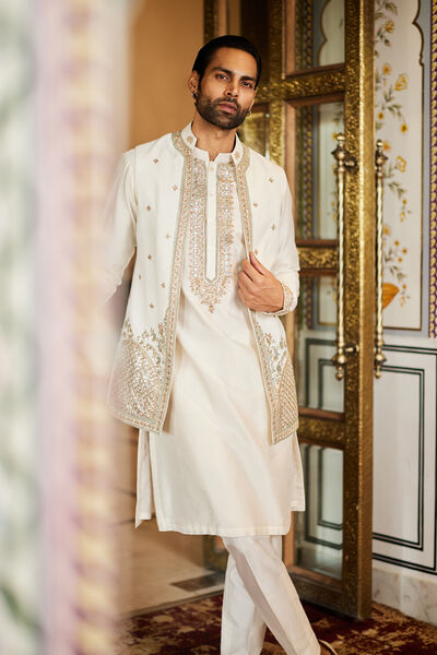 Saaket Gota Patti Silk Nehru Jacket - Ivory