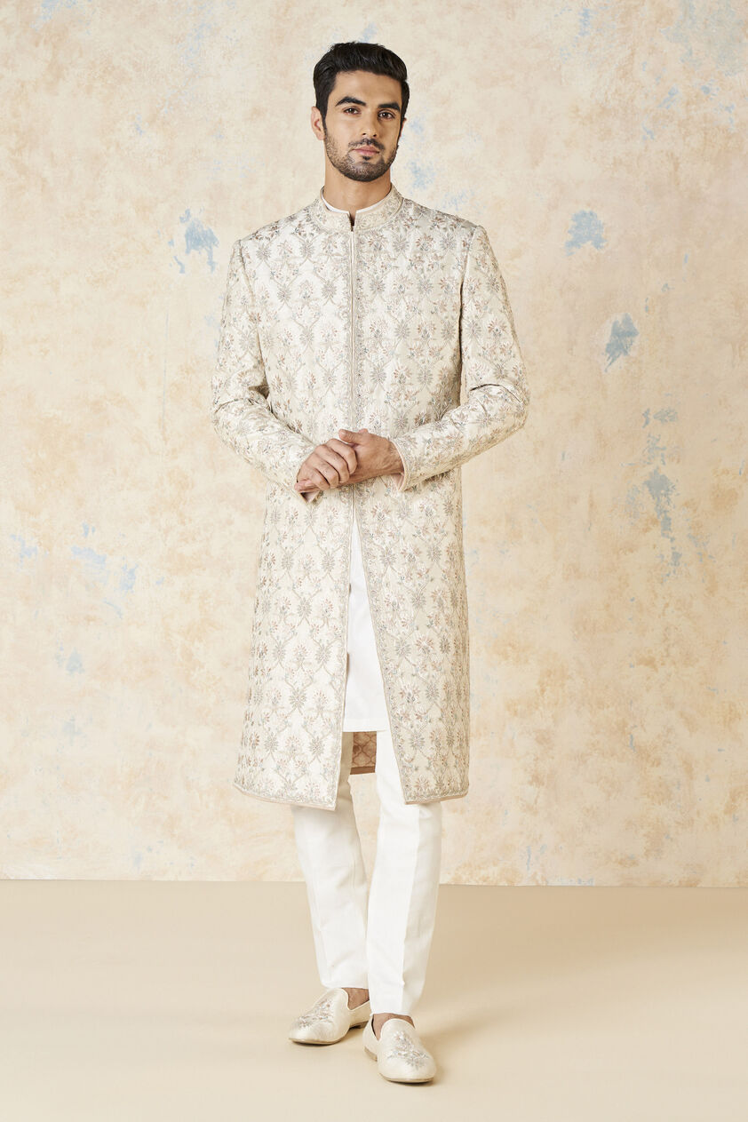 Aasvik Embroidered Silk Sherwani - Ivory, Ivory, image 2