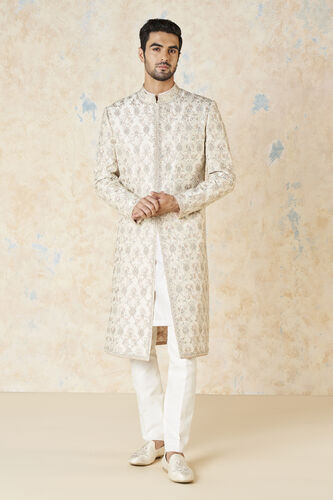 Aasvik Embroidered Silk Sherwani - Ivory, Ivory, image 2