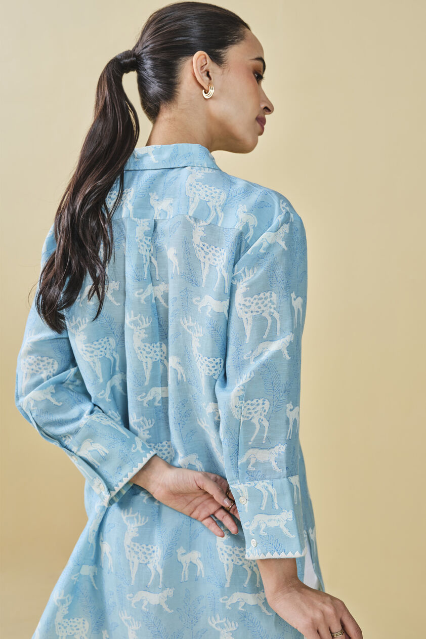 Chital Hand-Block Printed Linen Top  - Blue, Blue, image 10