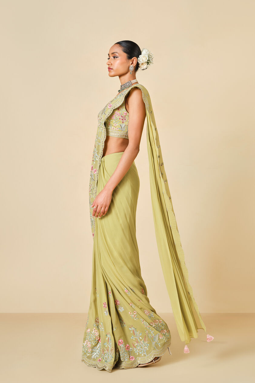 Aadhvita Embroidered Georgette Pre-draped Saree - Lime, Lime, image 4