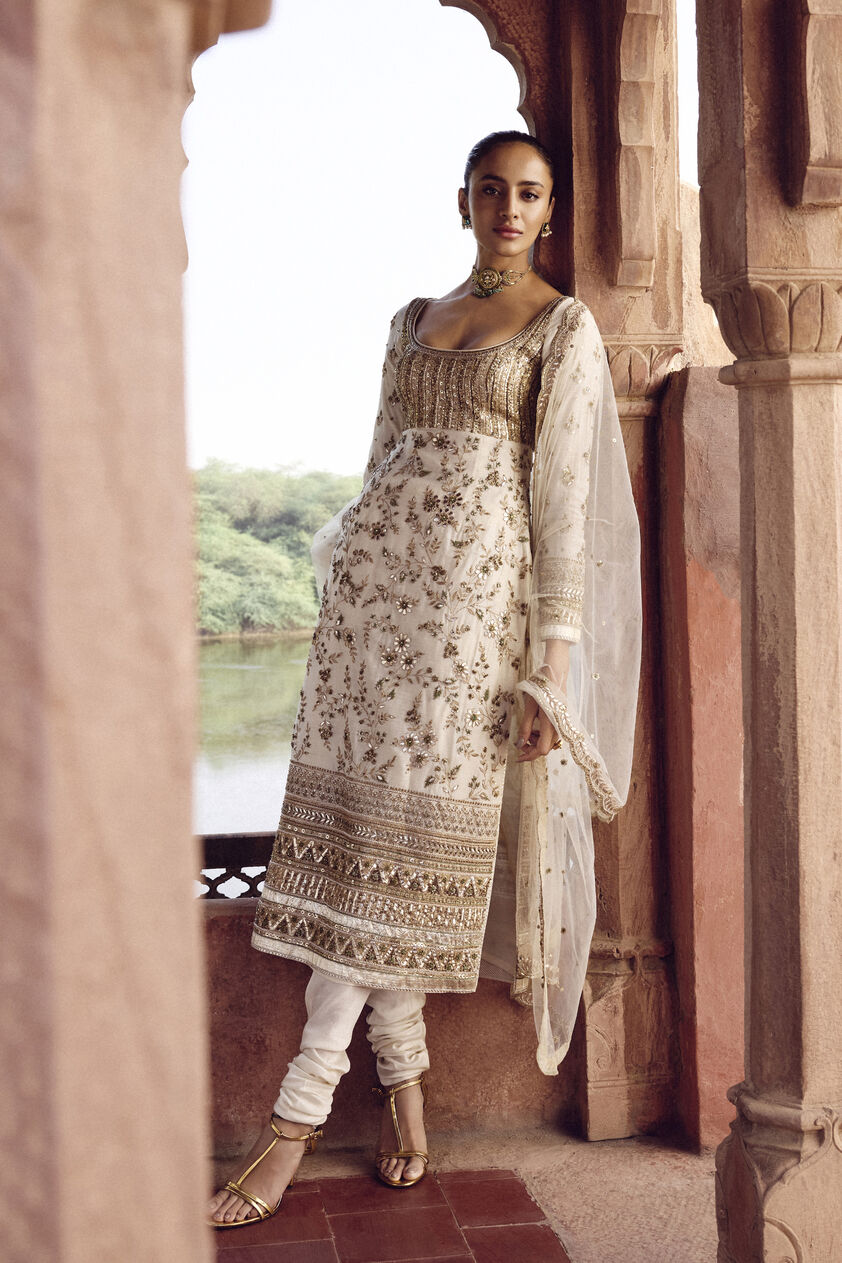 Danayita Gota Patti Silk Suit Set - Ivory, Ivory, image 3