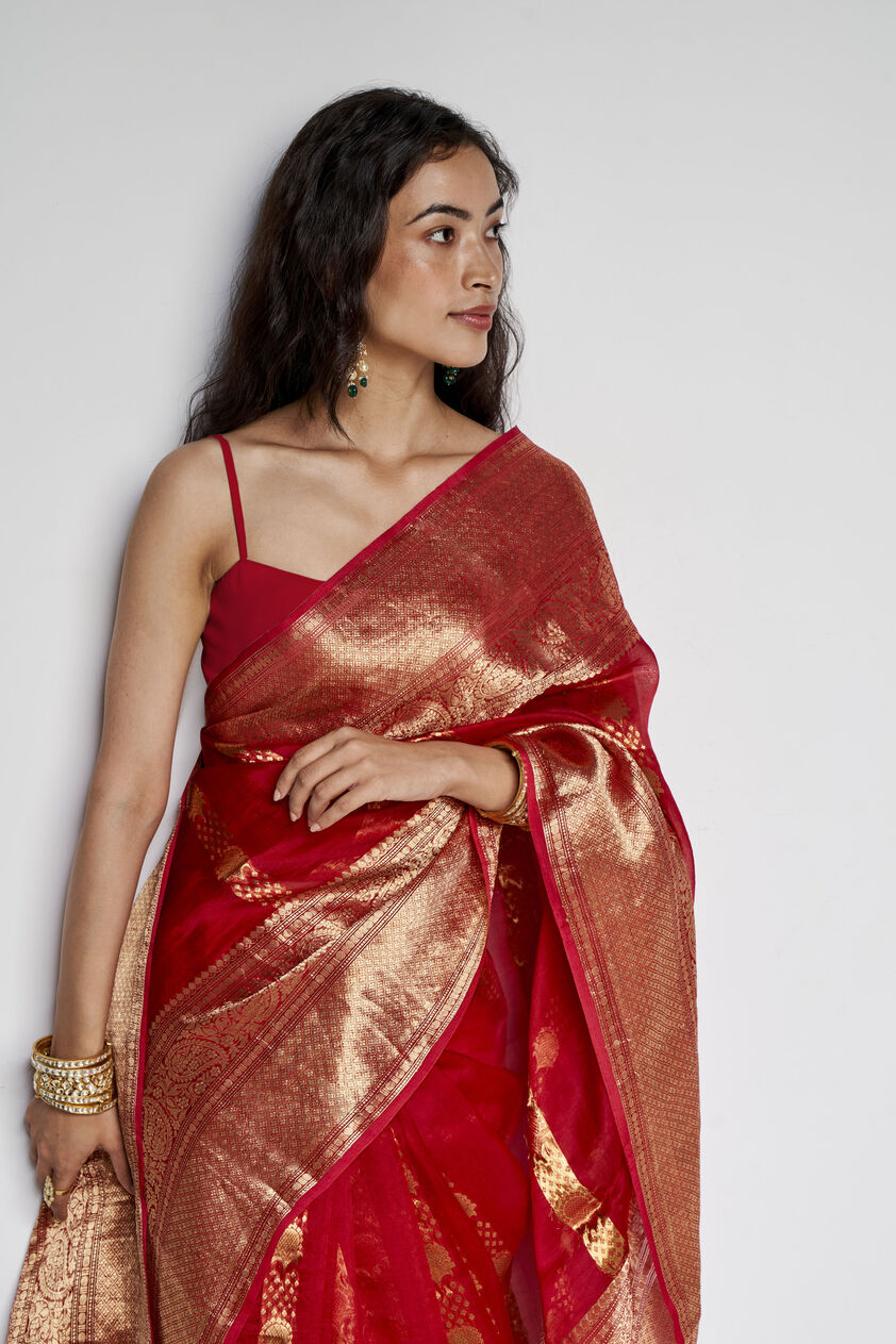 Sindhura Benarasi Silk Embroidered Saree - Red, Red, image 7