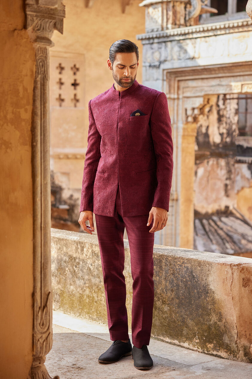 Uprag Embroidered Silk Bandhgala - Plum, Plum, image 1