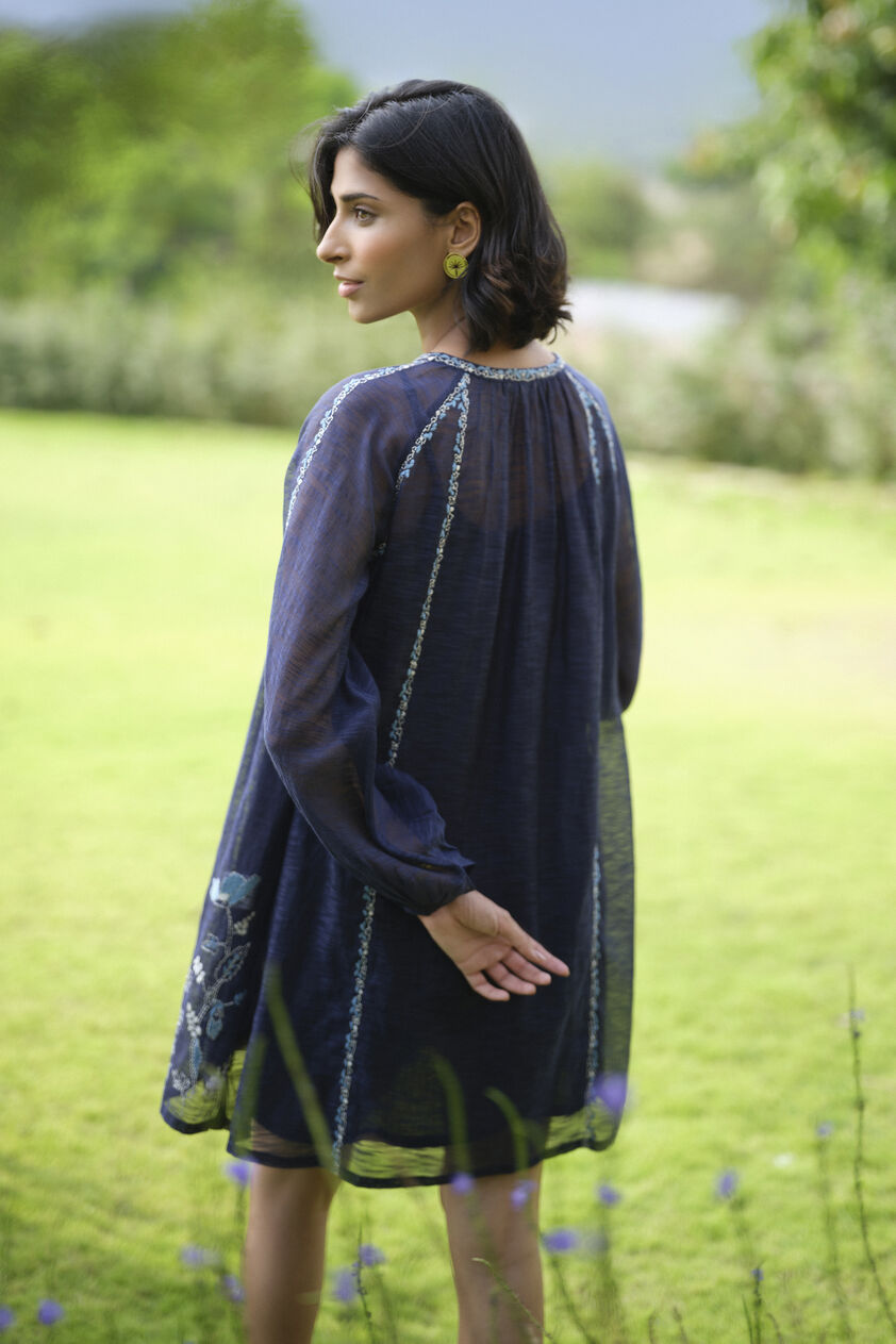 Folia Hand-embroidered Kantha Dress - Indigo, Indigo, image 2