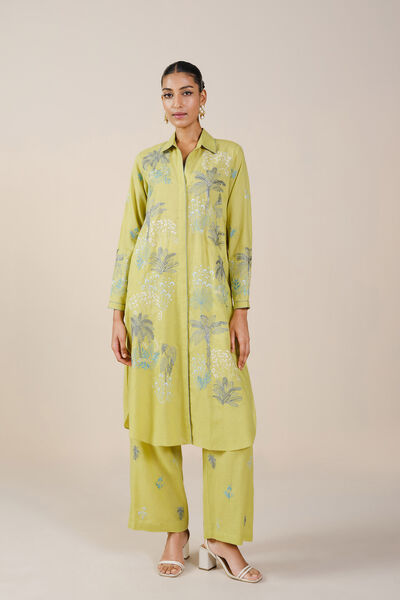 Pelagia Embroidered Linen Kurta Set - Lime