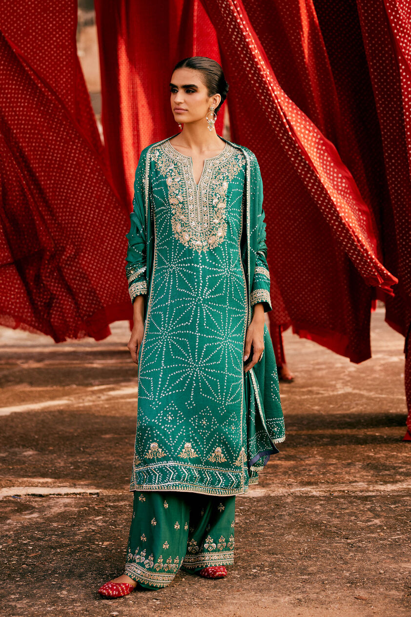 Piroska Handcrafted Bandhani Silk Suit Set - Green, Green, image 1