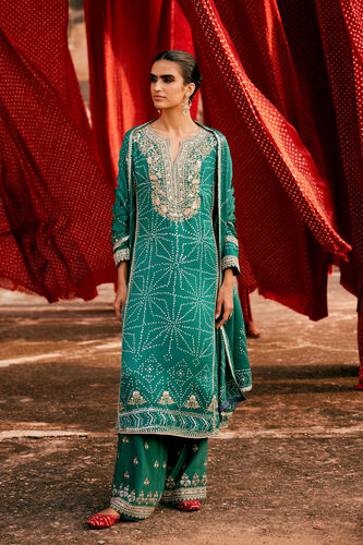 Piroska Handcrafted Bandhani Silk Suit Set - Green, Green, image 1
