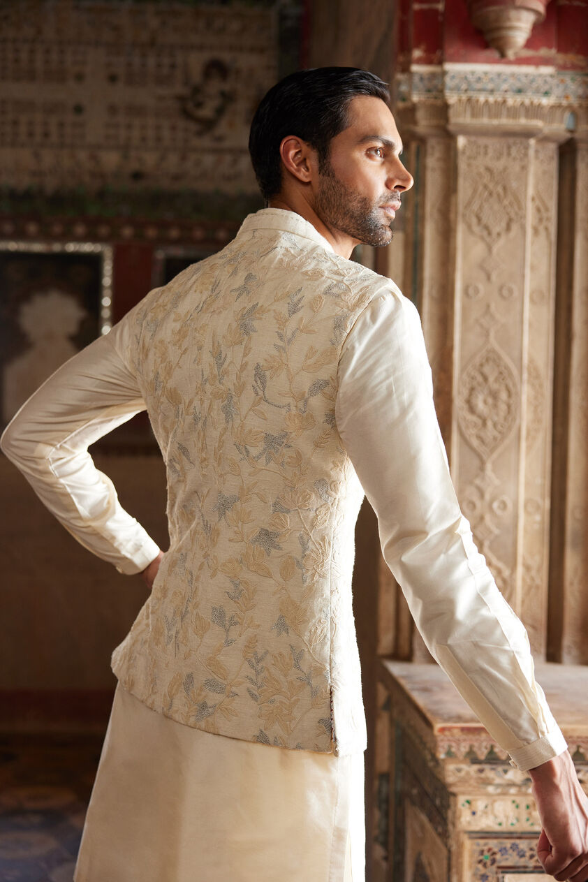Aaman Embroidered Cord Silk Nehru Jacket - Ivory, Ivory, image 2