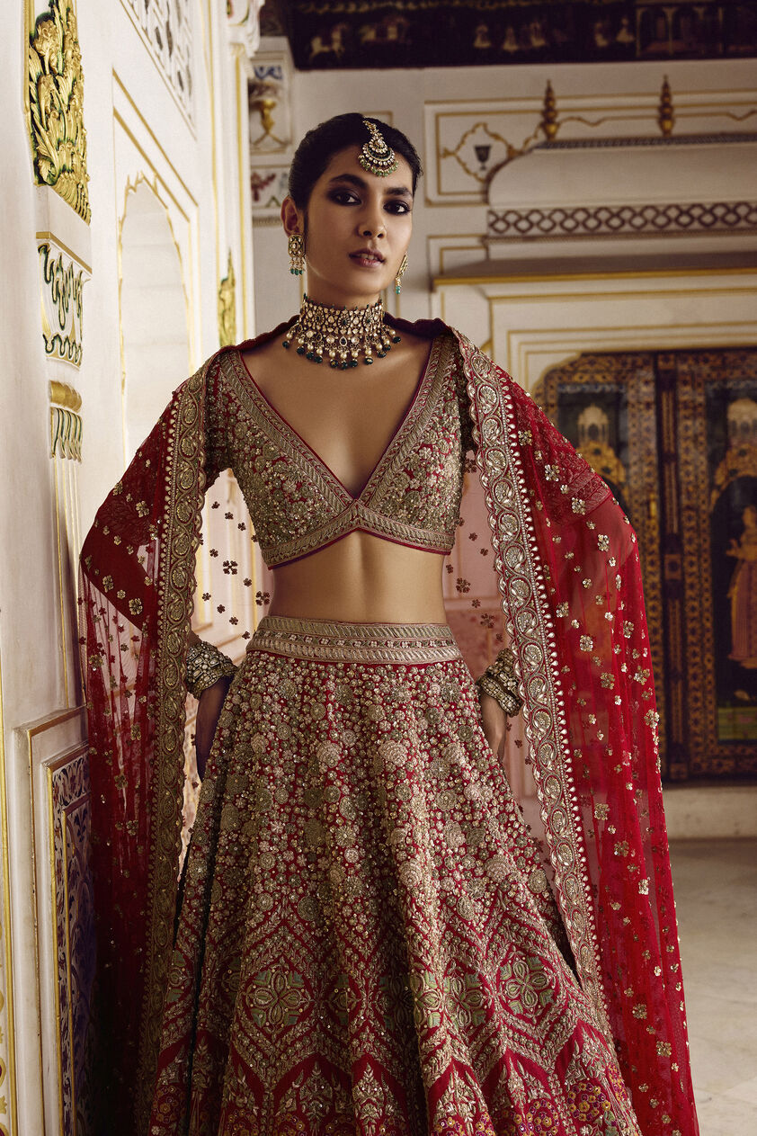 Prati Embroidered Silk Lehenga Set - Red, Red, image 5