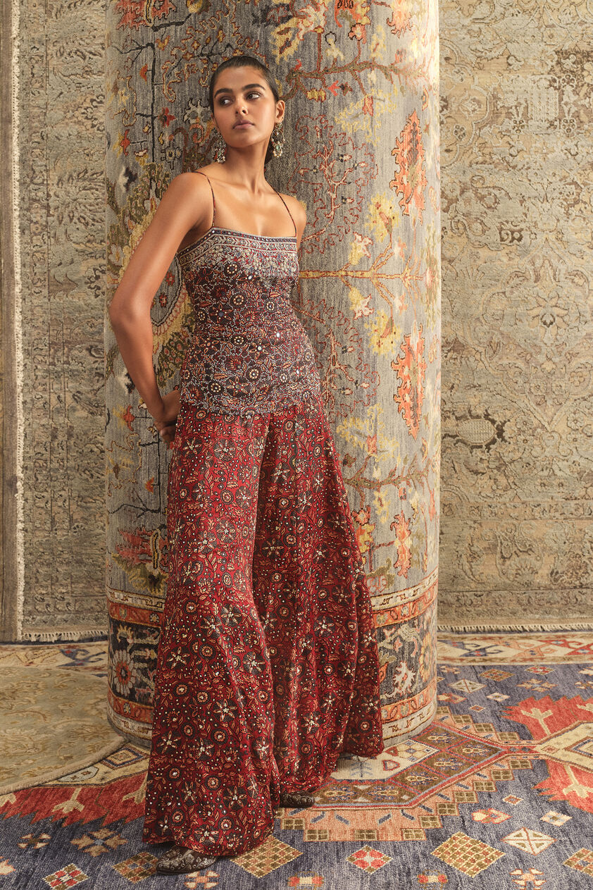 Hridya Ajrakh Hand-block Printed Silk Sharara Set - Red, Red, image 1