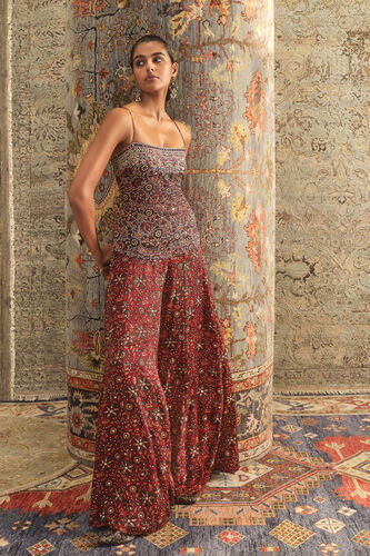 Hridya Ajrakh Hand-block Printed Silk Sharara Set - Red, Red, image 1