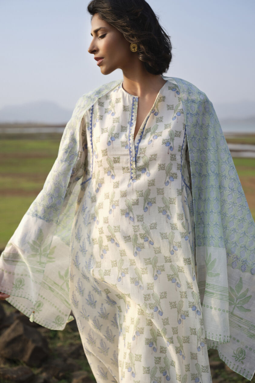 Damara Hand-block Printed Mul Stole - Sage, Sage, image 2