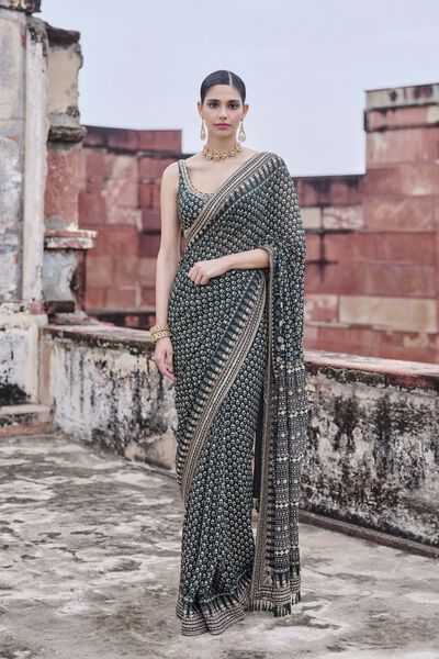 Abjini Printed Georgette Saree - Green