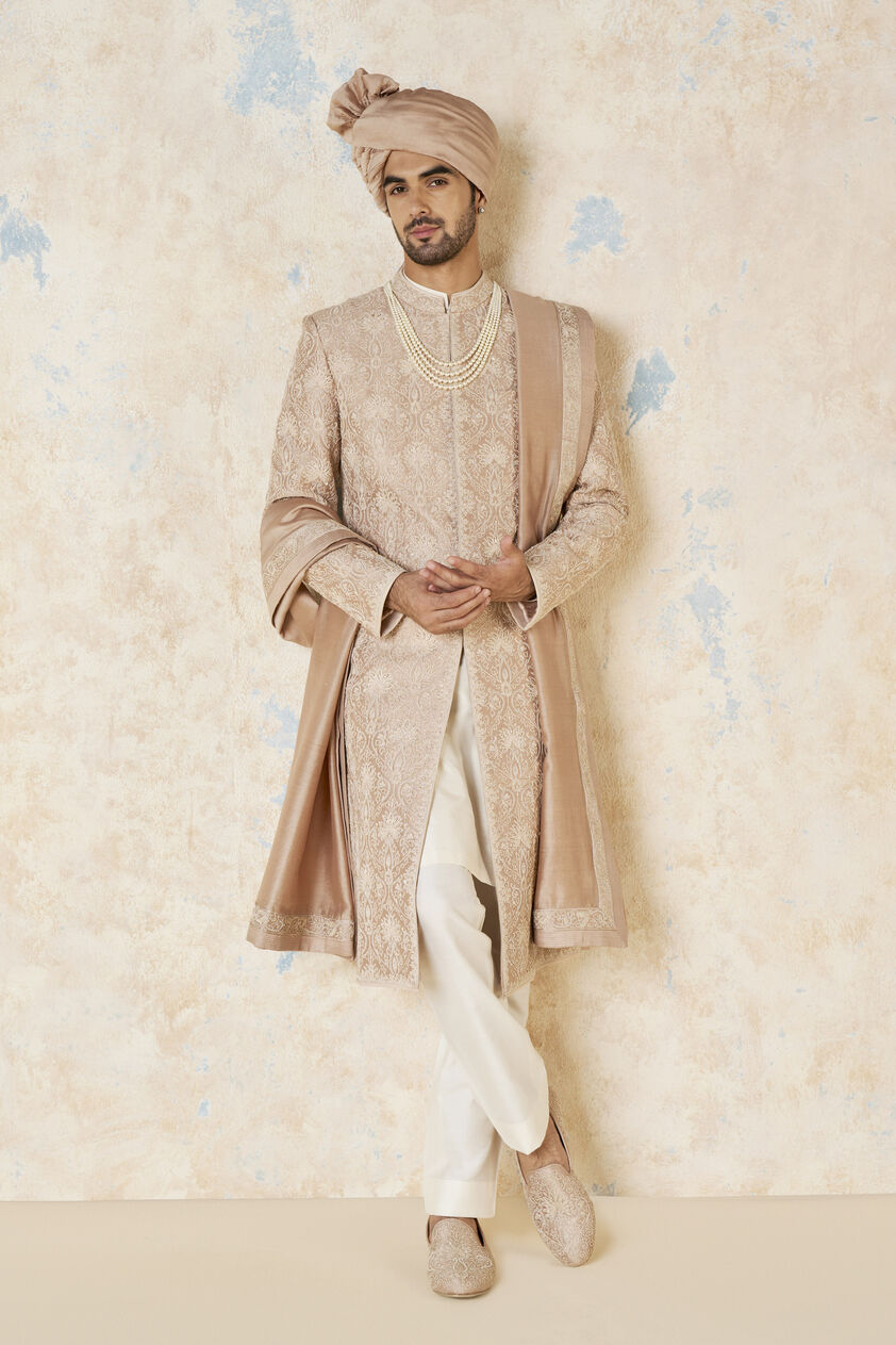 Ikshaan Embroidered Cord Silk Sherwani - Salmon, Salmon, image 1