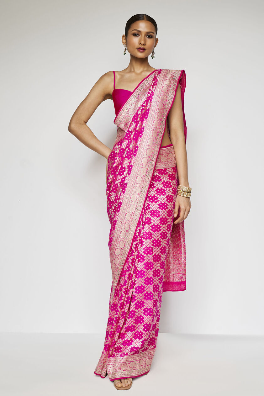 Gul Benarasi Silk Gota Patti Saree - Pink, Pink, image 1
