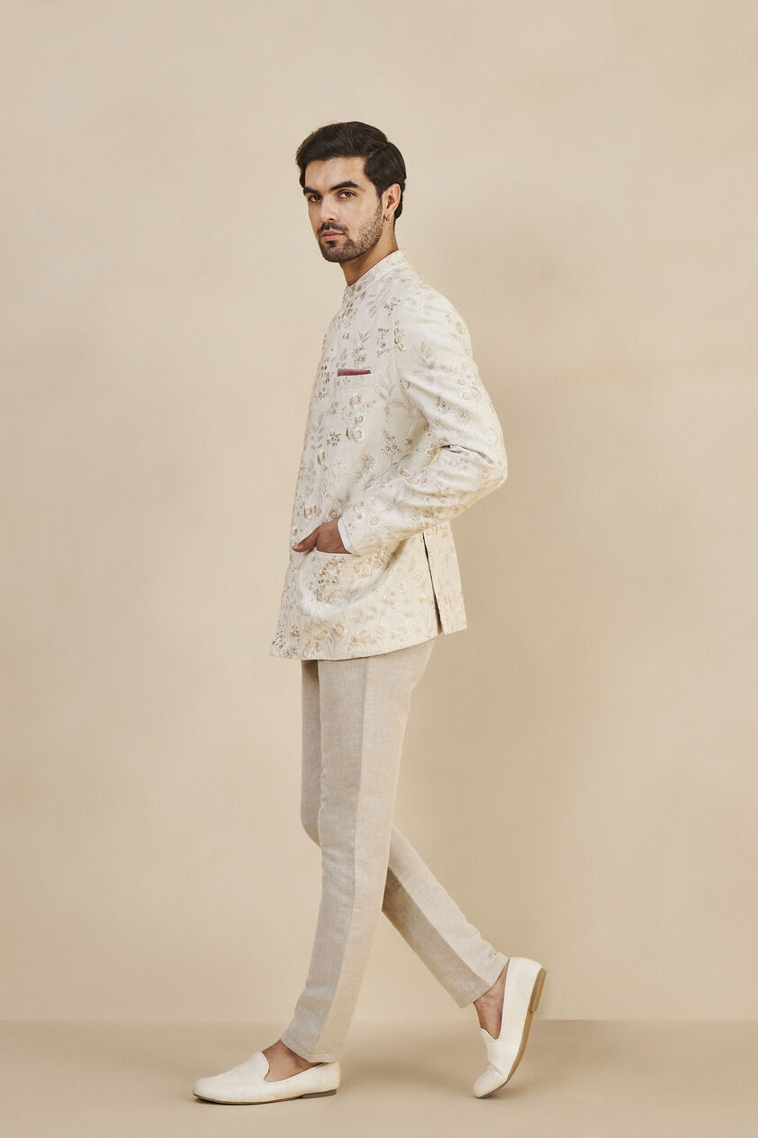 Nirad Embroidered Silk Bandhgala - Ivory, Ivory, image 3
