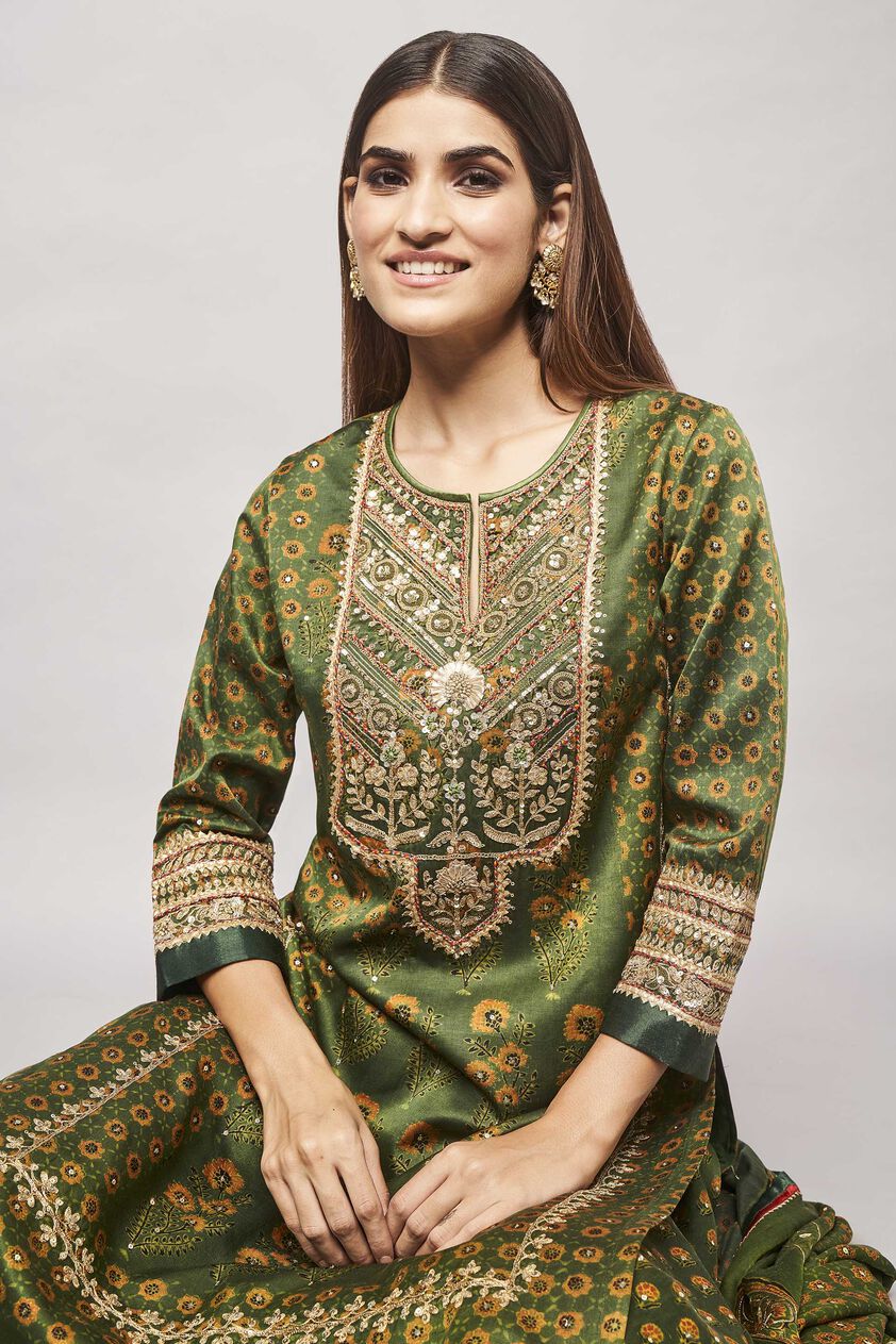 Tarita Ajrakh Sharara Set - Emerald green, Emerald Green, image 4